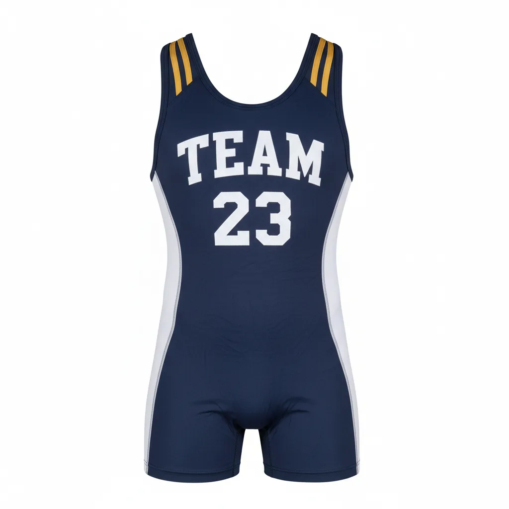 Front view of custom standard-cut wrestling singlet in 250 GSM lycra-spandex with sublimated team colors, name, and number from Empire Five Athletics