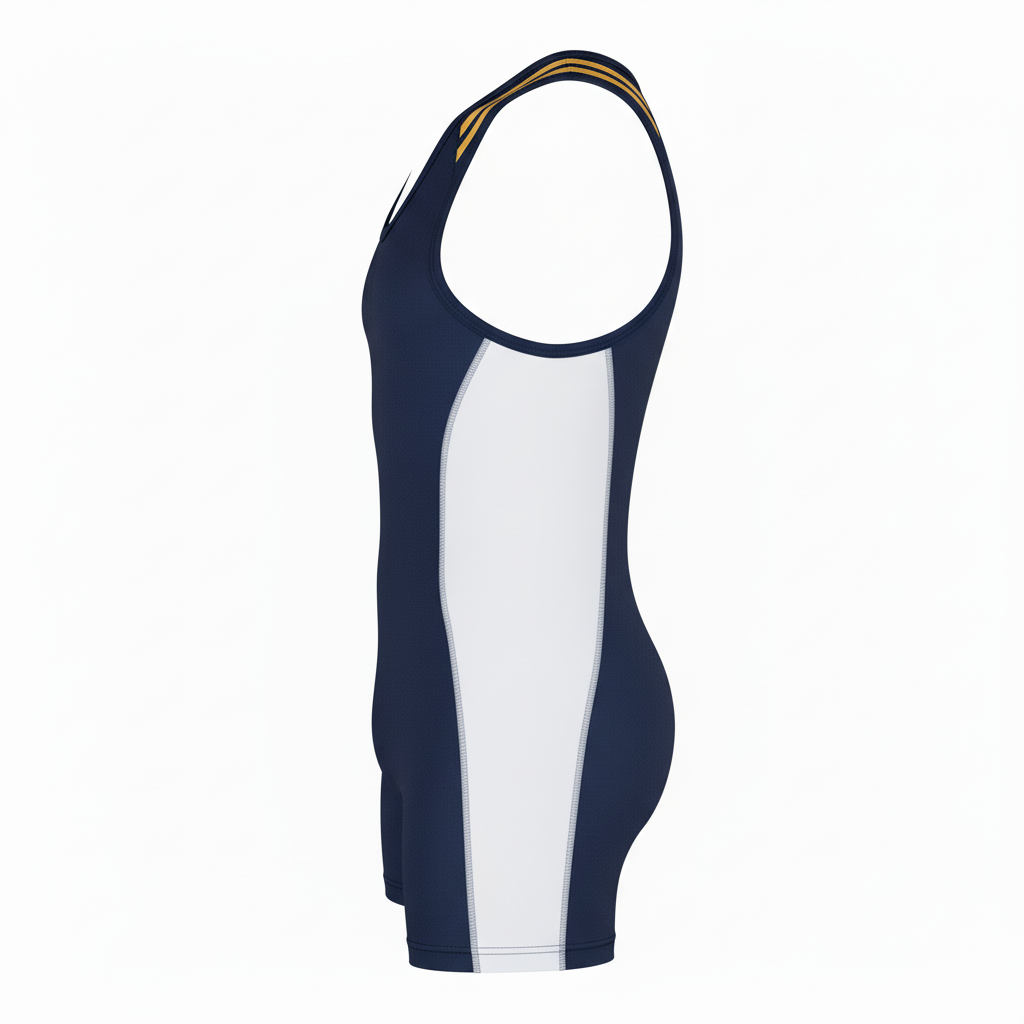 Side view of custom standard-cut wrestling singlet showing the four-way-stretch fit
