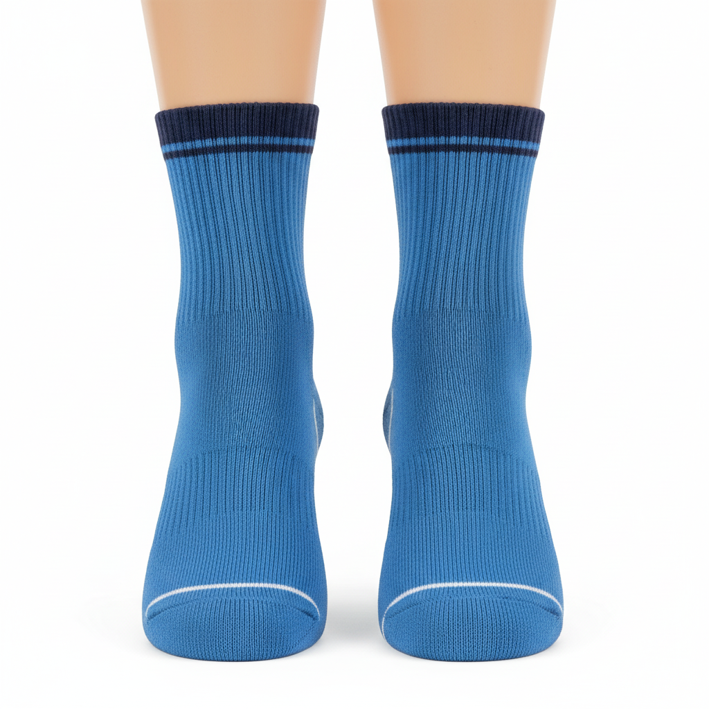 Front view of custom wrestling ankle socks in cushioned knit with a sublimated panel and knit-in team stripes from Empire Five Athletics
