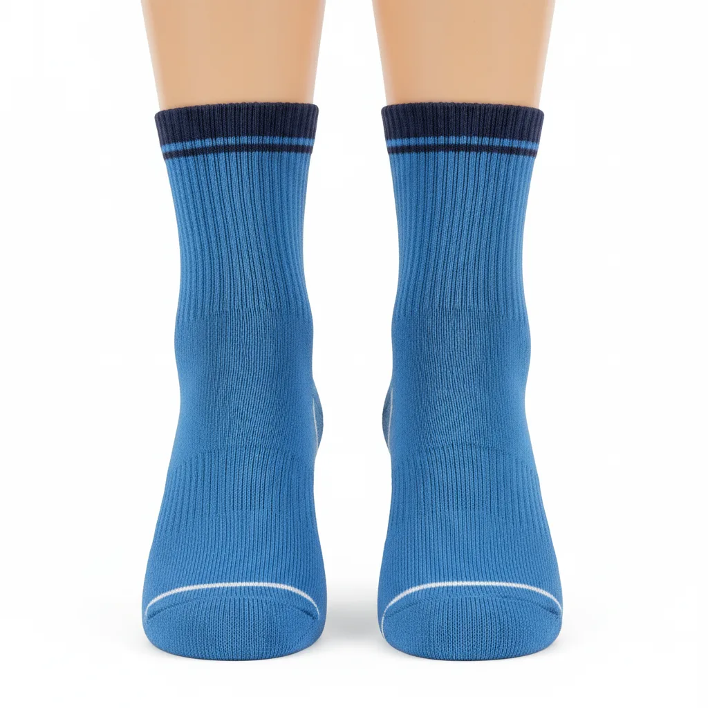Front view of custom wrestling ankle socks in cushioned knit with a sublimated panel and knit-in team stripes from Empire Five Athletics