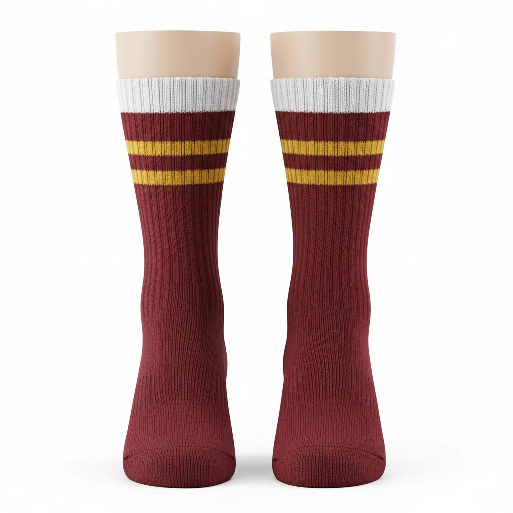 Front view of custom wrestling crew socks in cushioned knit with a sublimated panel and knit-in team stripes from Empire Five Athletics