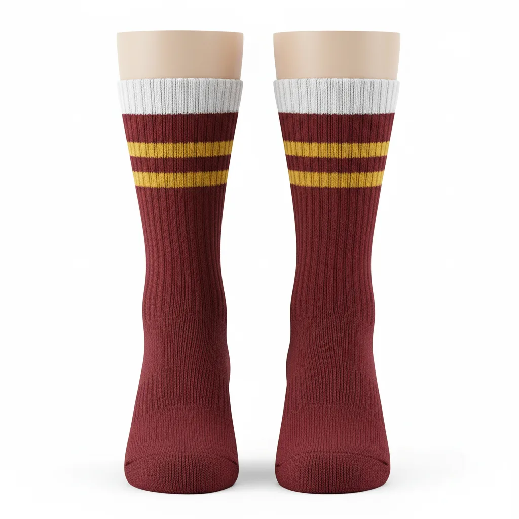 Front view of custom wrestling crew socks in cushioned knit with a sublimated panel and knit-in team stripes from Empire Five Athletics