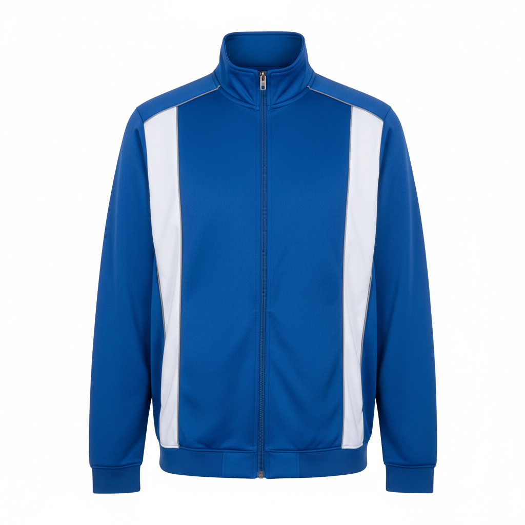Front view of custom wrestling track jacket in 220 GSM smooth performance poly with a full zip and edge-to-edge sublimated team colors from Empire Five Athletics