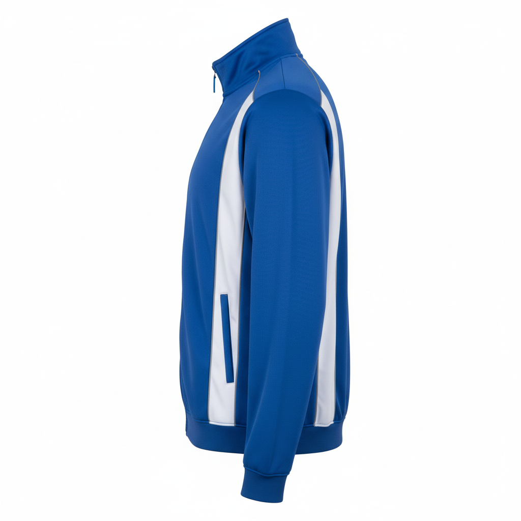 Side view of custom wrestling track jacket showing the slim fit and zip pocket