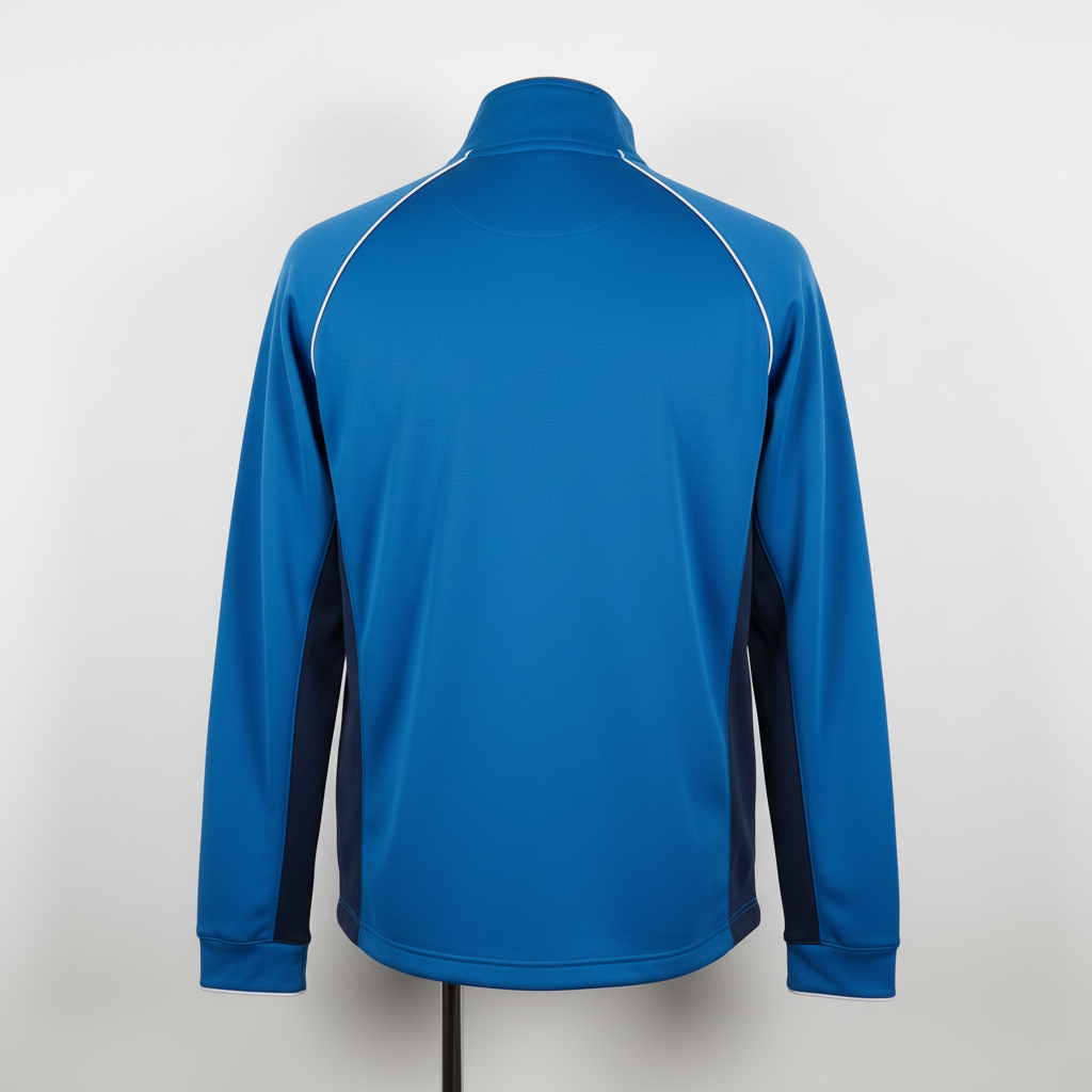 Back view of custom wrestling warm-up jacket showing the sublimated team name