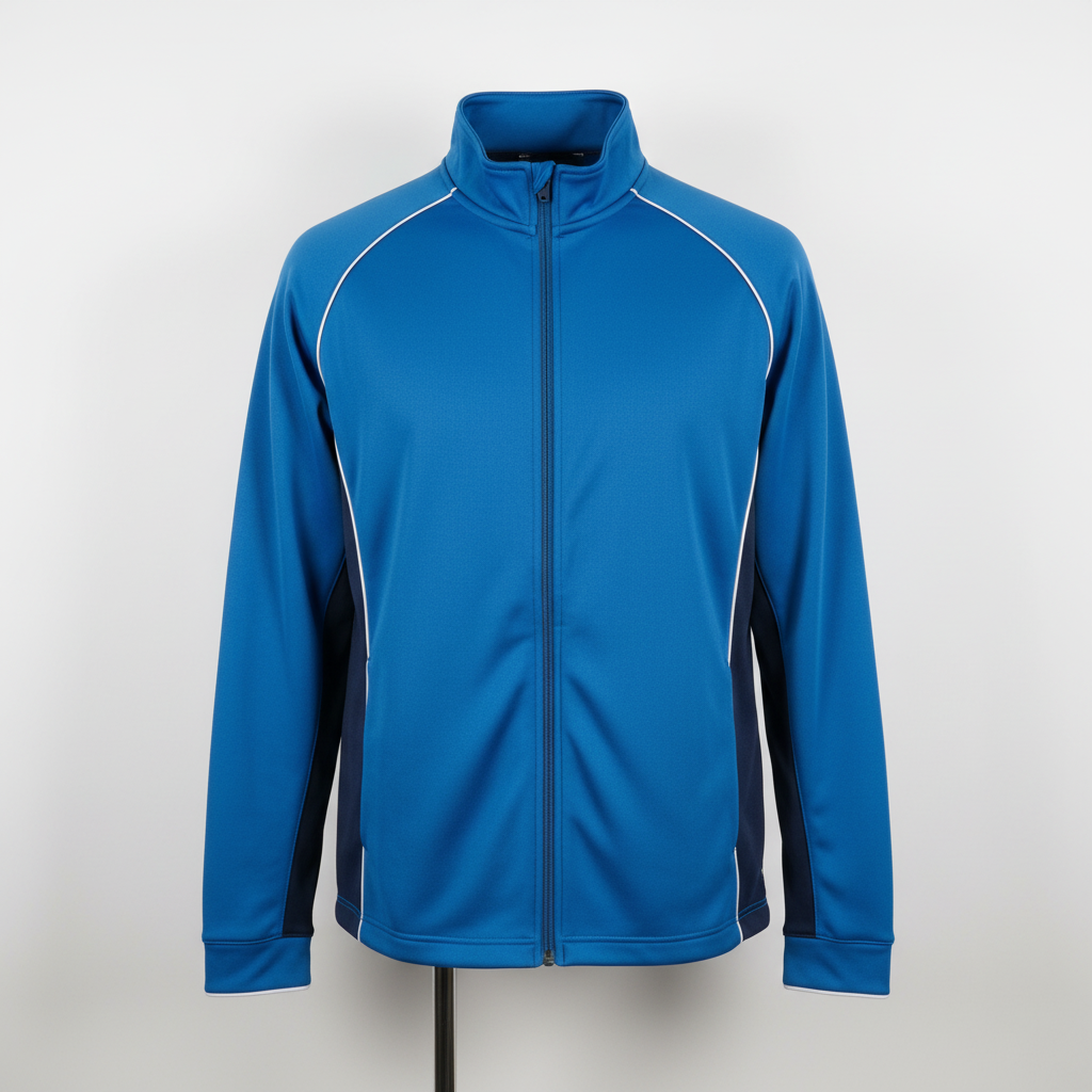 Front view of custom wrestling warm-up jacket in 180 GSM brushed tricot with a roomy full zip and sublimated panels from Empire Five Athletics