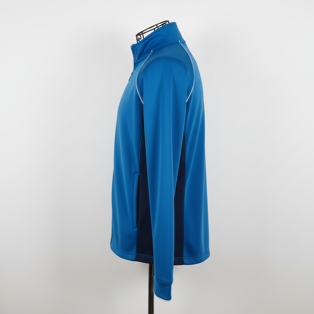Side view of custom wrestling warm-up jacket showing the zip pocket and drawcord hem