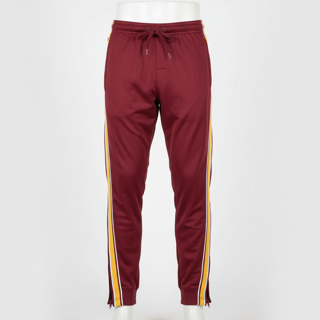 Front view of custom wrestling warm-up pants in 180 GSM brushed tricot with a loose pull-on cut and sublimated side panels from Empire Five Athletics