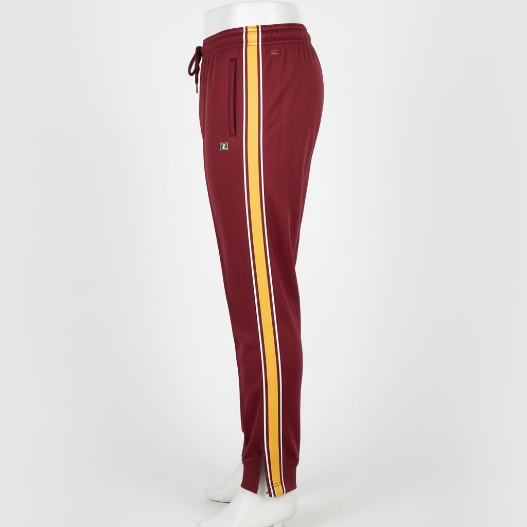 Side view of custom wrestling warm-up pants showing the ankle zip and leg stripe