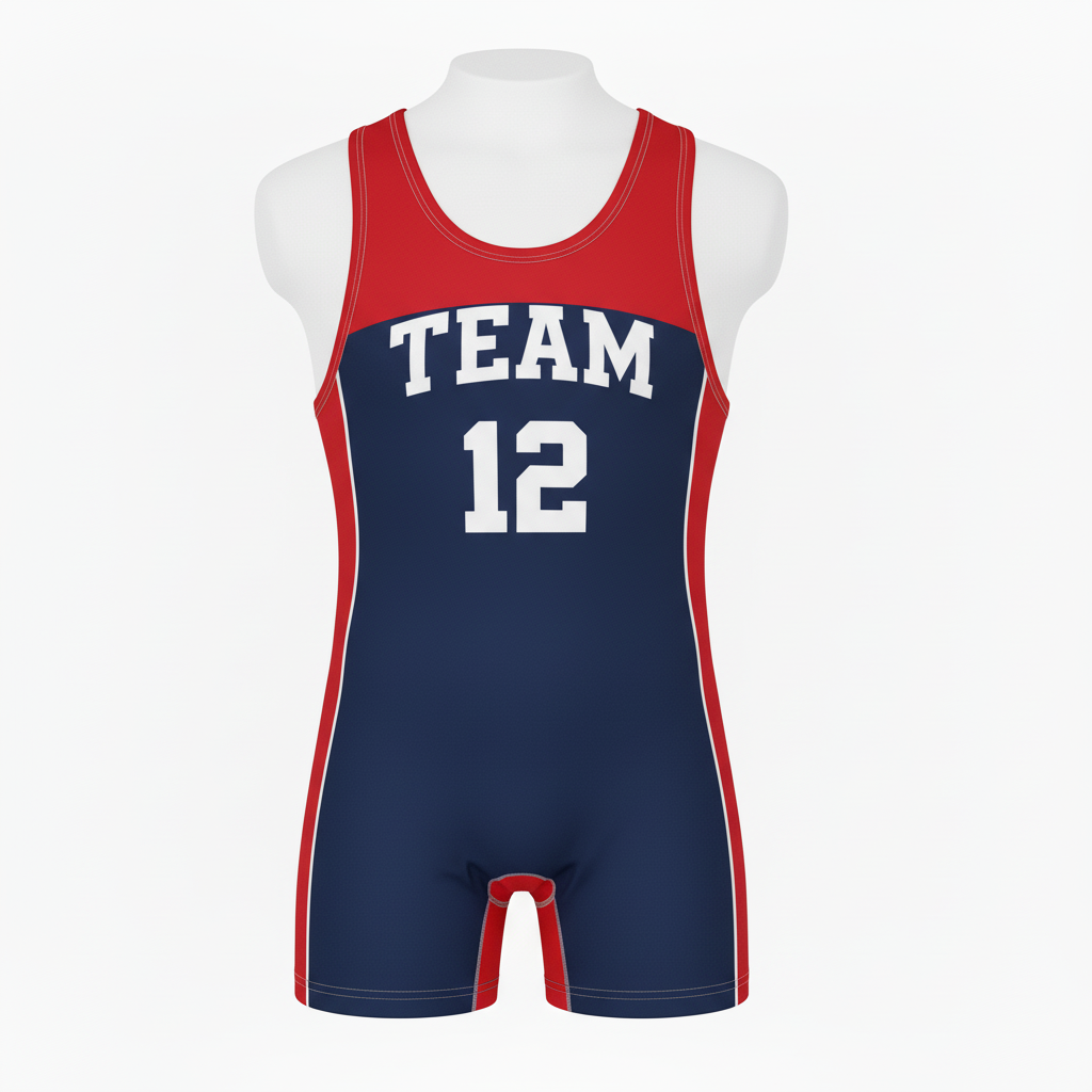Front view of custom youth wrestling singlet in 250 GSM lycra-spandex with a youth cut and sublimated team colors from Empire Five Athletics