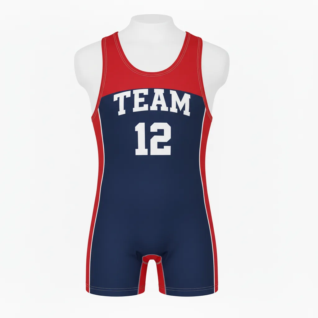 Front view of custom youth wrestling singlet in 250 GSM lycra-spandex with a youth cut and sublimated team colors from Empire Five Athletics