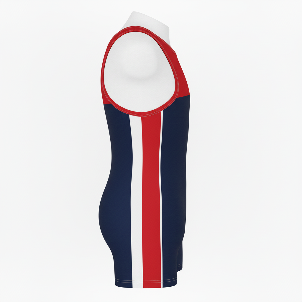 Side view of custom youth wrestling singlet showing the youth four-way-stretch fit