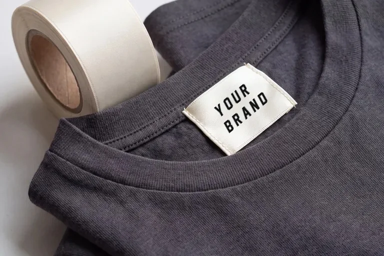 Woven neck label with a buyer's brand sewn into a dark tee